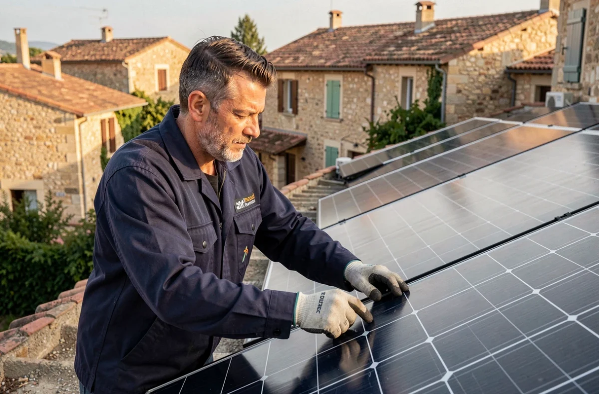 Technicien d'Agir Solaire installant des panneaux photovoltaïques sur un toit à Ollioules
