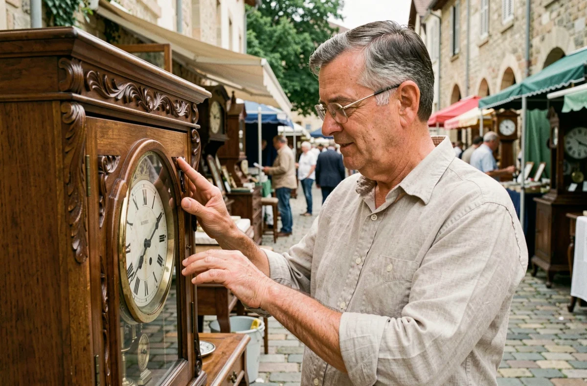 Antiquaire examinant une horloge comtoise sculptée lors d'une brocante en plein air dans un village français