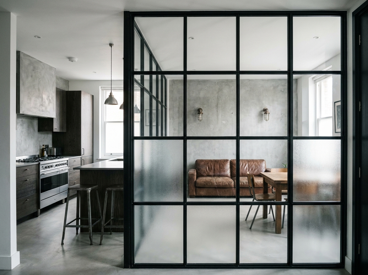 Appartement urbain avec grande verrière sol-plafond en acier noir séparant cuisine équipée et salon style industriel