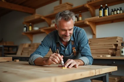 Homme appliquant de l'huile de lin sur un bois