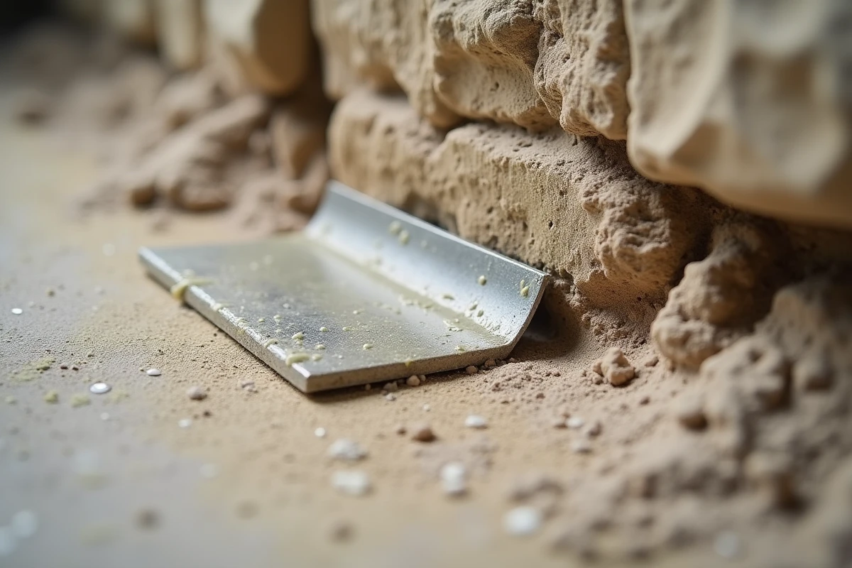Application de mortier chaux-sable sur un mur en pierre ancienne avec une truelle métallique montrant la texture du mélange