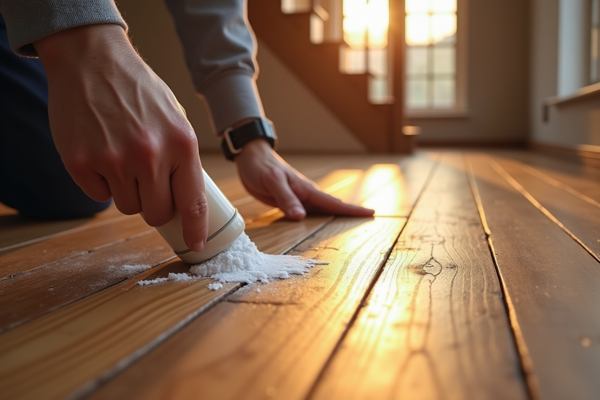 Main appliquant un agent éclaircissant sur un parquet fonce avec lumière naturelle