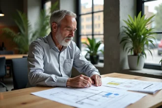 Architecte analysant des documents de diagnostic de performance énergétique pour un habitat durable
