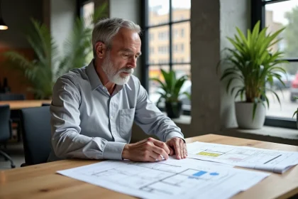 Architecte analysant des documents de diagnostic de performance énergétique pour un habitat durable