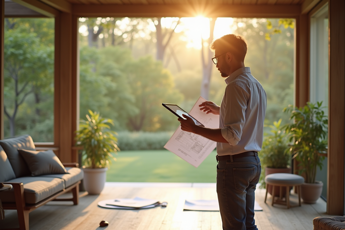Architecte avec tablette et plan de veranda en intérieur
