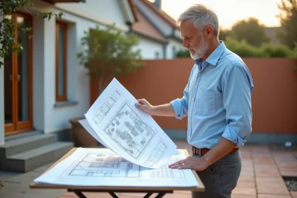 Architecte consultant des plans d'urbanisme sur un chantier de terrasse en cours d'installation en banlieue résidentielle française
