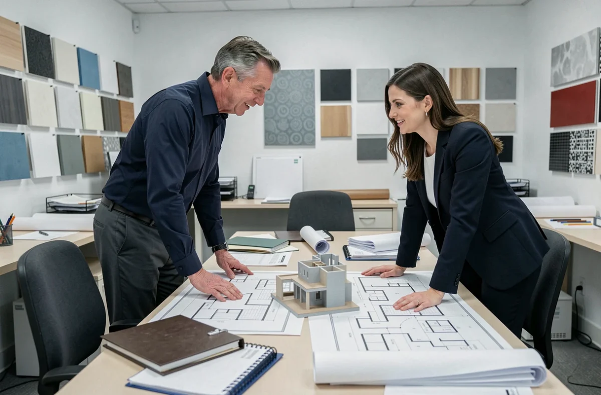 Équipe ARDIC en réunion de travail autour de plans de rénovation intérieure dans un bureau de design professionnel