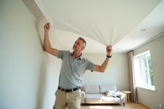 Artisan examinant un plafond tendu blanc mat dans un salon en cours de rénovation