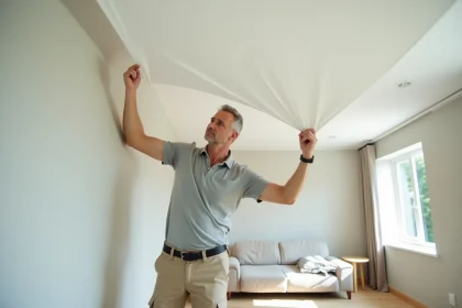 Artisan examinant un plafond tendu blanc mat dans un salon en cours de rénovation