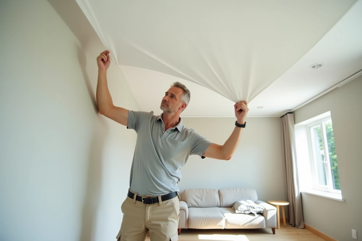 Artisan examinant un plafond tendu blanc mat dans un salon en cours de rénovation