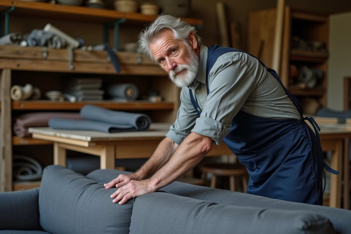 Artisan tapissier ajustant un revêtement en tissu gris anthracite sur un canapé dans un atelier de tapisserie à Aubagne