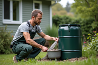 Homme moyenâgeux assemble filtre à eau de pluie dans son jardin