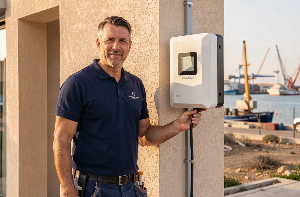 Installateur d'AT Serv Climatisation et Solaire finissant une pose de micro-onduleur solaire à Châteauneuf-lès-Martigues