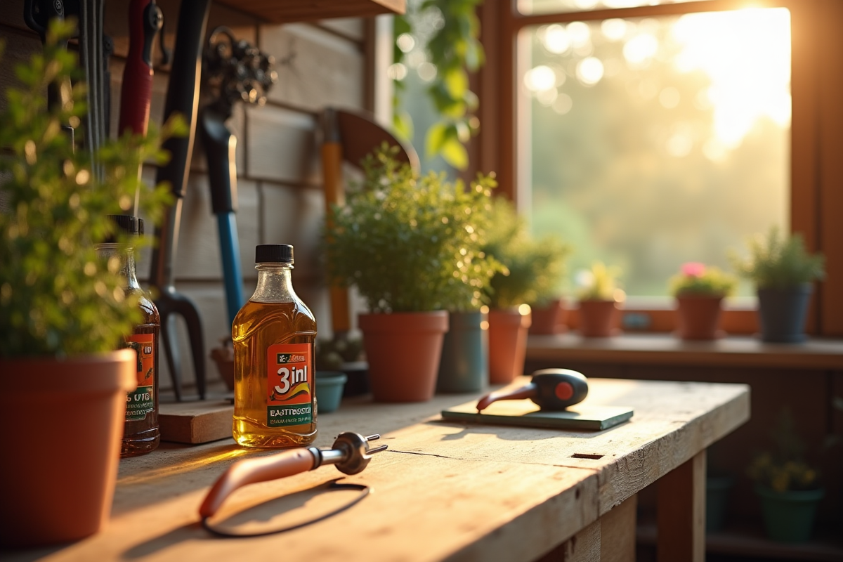 Établi en bois avec outils de jardinage et huile 3en1