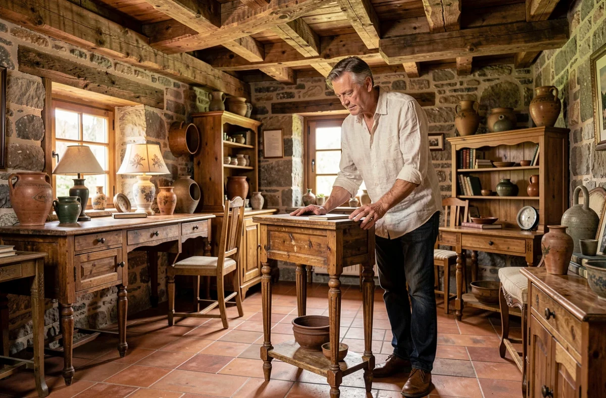 Décorateur d'Au Vieux Parchet dans un intérieur chalet rustique savoyard avec poutres en bois et mobilier ancien