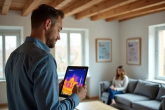 Auditeur energie en action avec tablette dans salon rénové