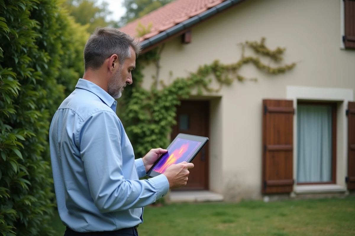 Conseiller en audit thermique examinant la facade d'une maison résidentielle avec une tablette affichant des données de thermographie