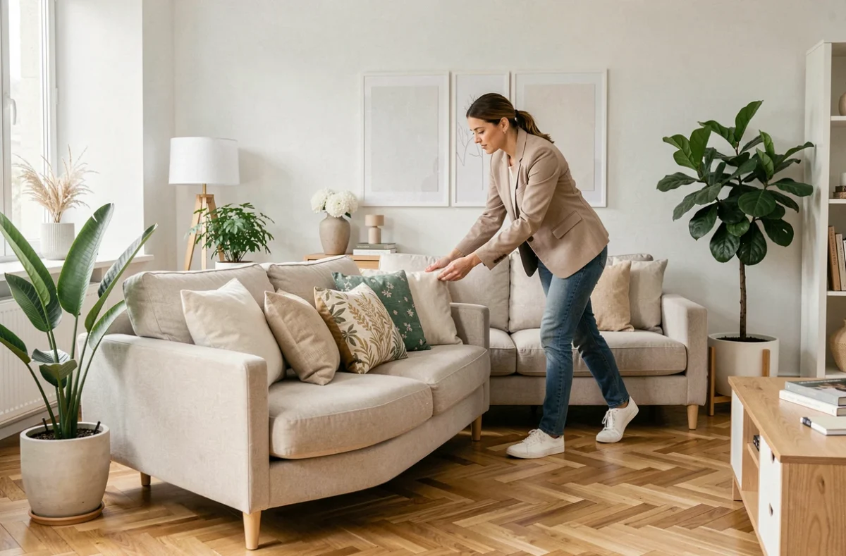 Home stager d'Avéo en train d'aménager un salon pour une mise en vente immobilière avec mobilier neutre et accessoires décoratifs
