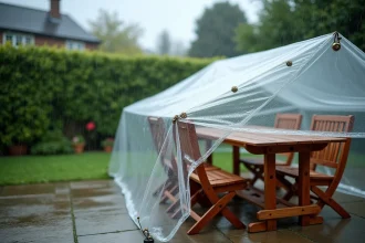 Bâche transparente résistante à la pluie recouvrant un salon de jardin sur une terrasse en pierre mouillée