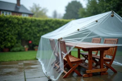Bâche transparente résistante à la pluie recouvrant un salon de jardin sur une terrasse en pierre mouillée