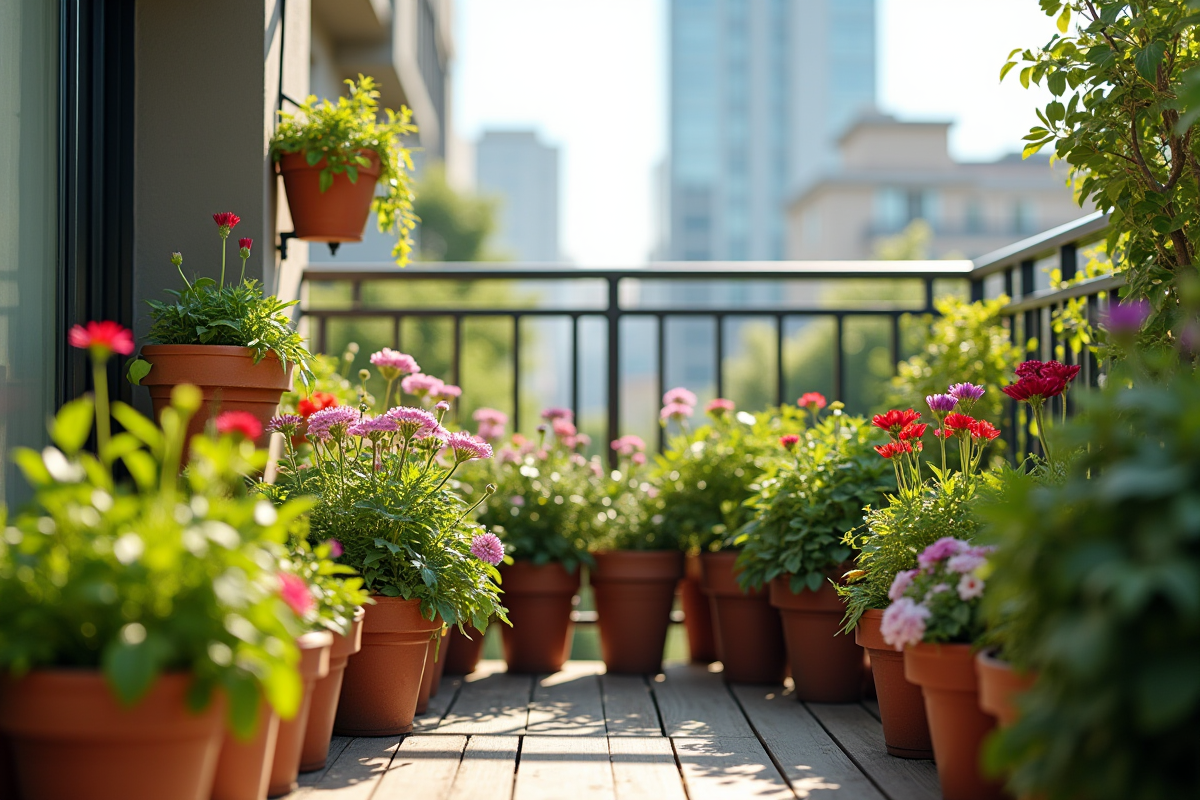 Balcon urbain avec plantes et système d