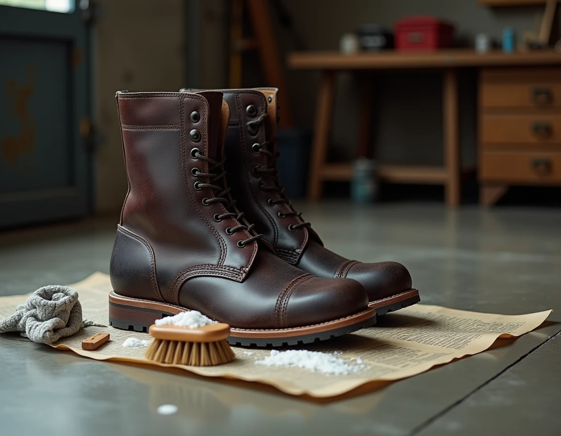 Bottes en cuir moisi posées sur du papier journal avec bicarbonate de soude et brosse de nettoyage