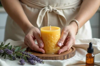 Mains posant une bougie naturelle en cire d'abeille sur un plateau en bois entouré de lavande séchée et d'huiles essentielles