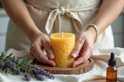 Mains posant une bougie naturelle en cire d'abeille sur un plateau en bois entouré de lavande séchée et d'huiles essentielles