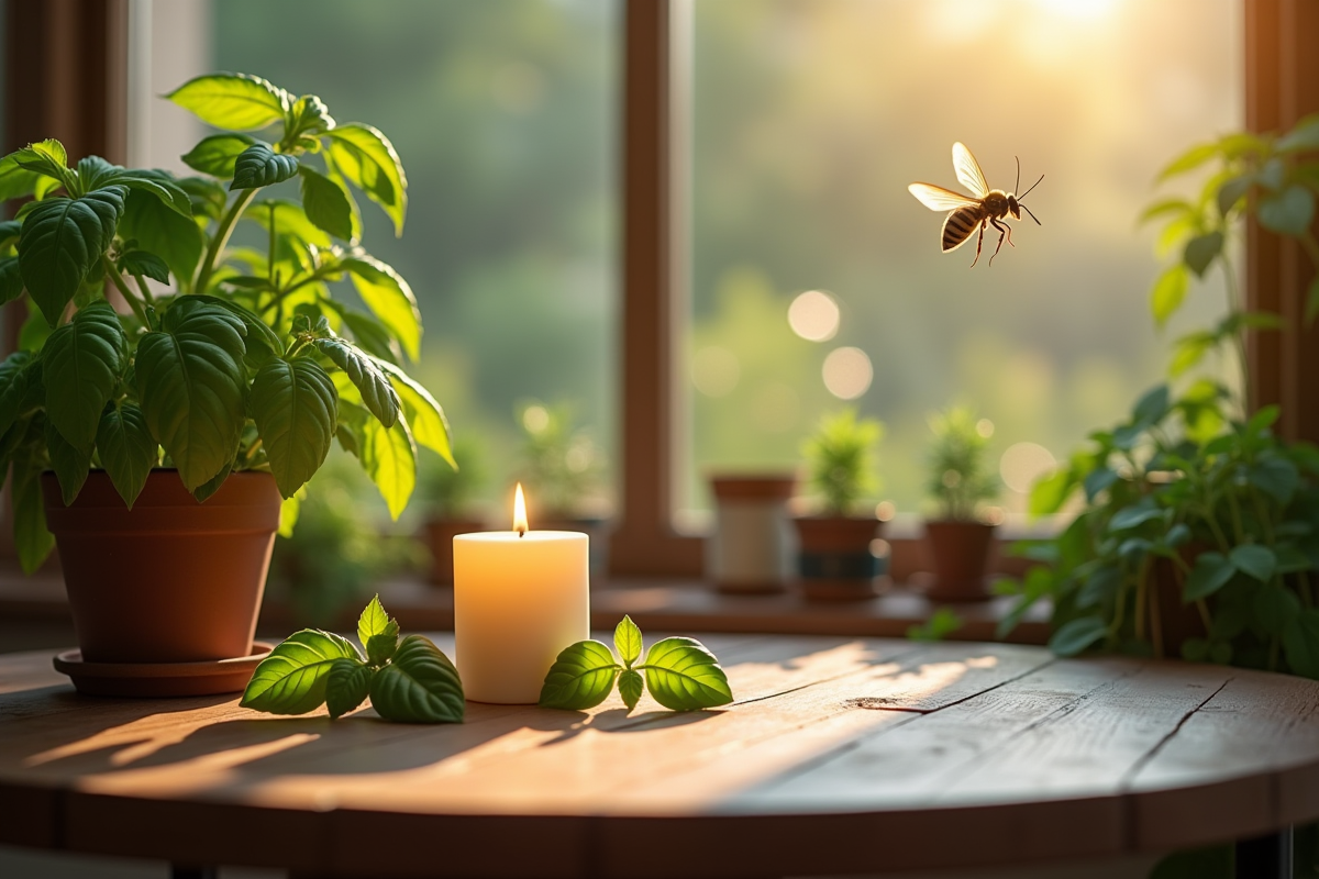 Bougie citronnelle basilic et menthe sur une table de jardin