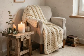 Bougie fausse flamme posée sur une table en chêne dans un salon hygge scandinave avec plaid en laine et livres empilés
