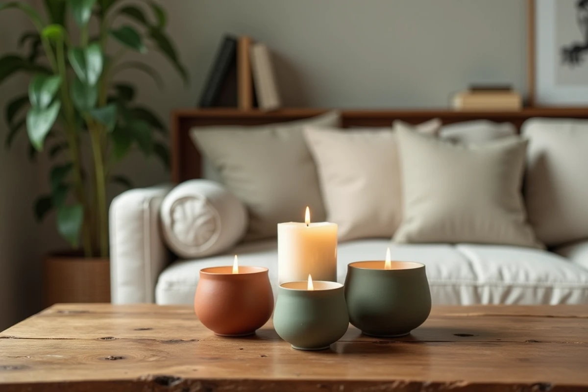 Trois bougies bio en cire de soja dans des céramiques posées sur une table basse en bois recyclé dans un salon cosy