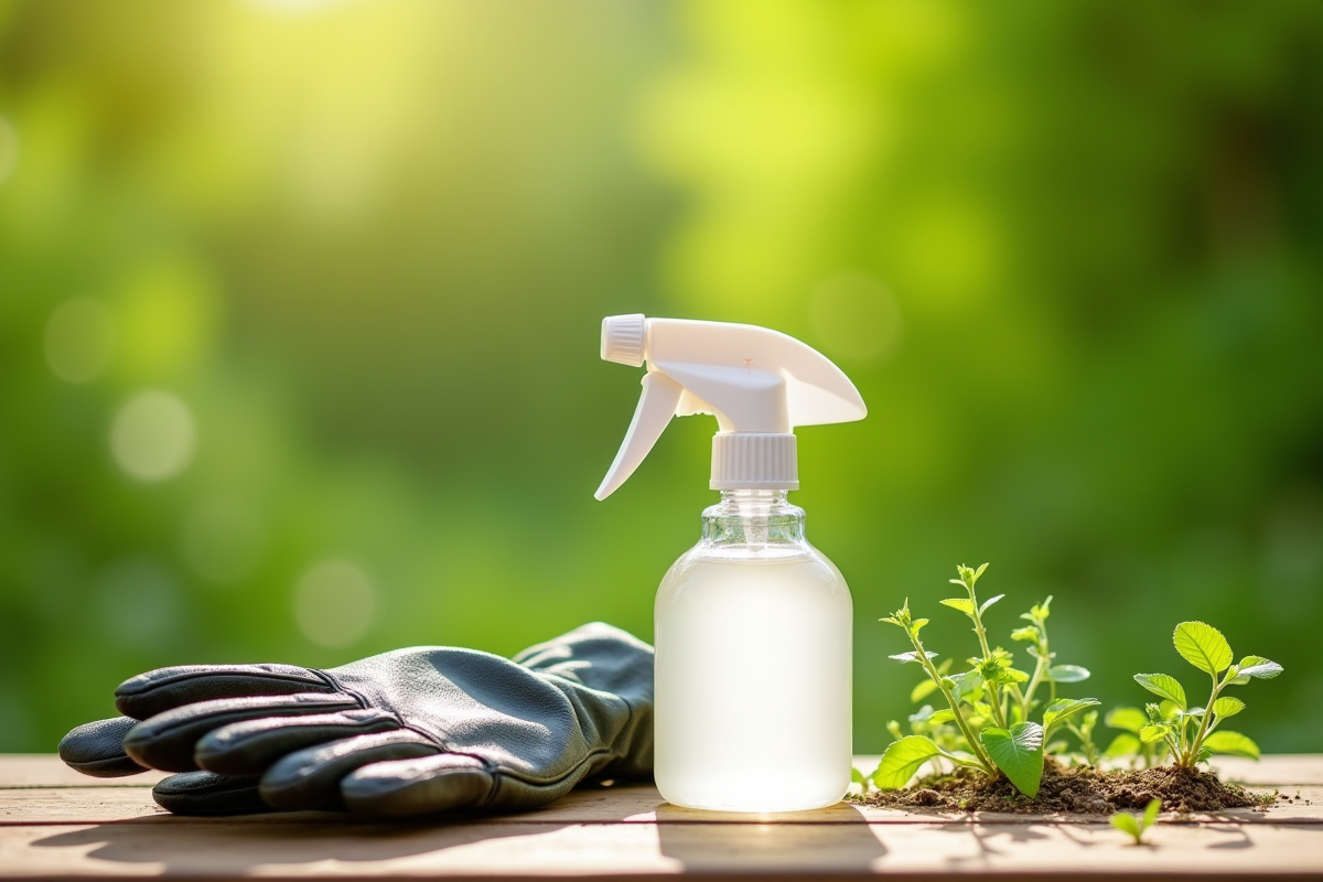 Spray vinaigre blanc et gants de jardinage sur une table en bois