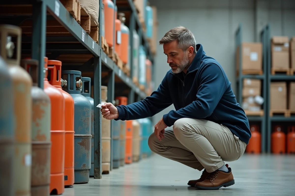 Homme examinant les bouteilles de gaz de différentes marques dans un entrepôt de grande surface