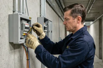 Électricien réalisant le branchement conforme d'un BAES sur un mur en béton dans un couloir industriel