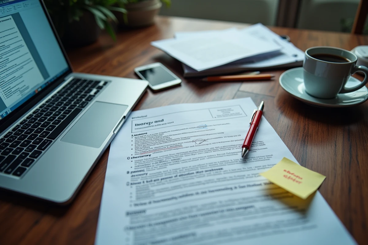 Vue de dessus d'un bureau avec documents d'adresse corrigés et ordinateur portable ouvert