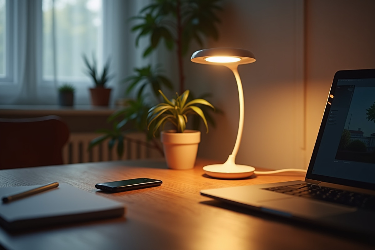Espace de travail cosy avec lampe LED basse consommation et appareils
