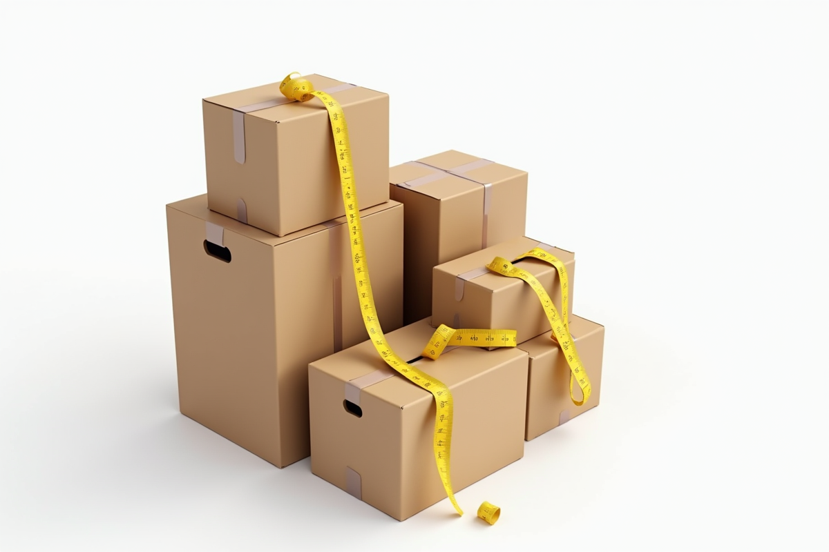 Plusieurs cartons de tailles différentes empilés avec un ruban de mesure jaune