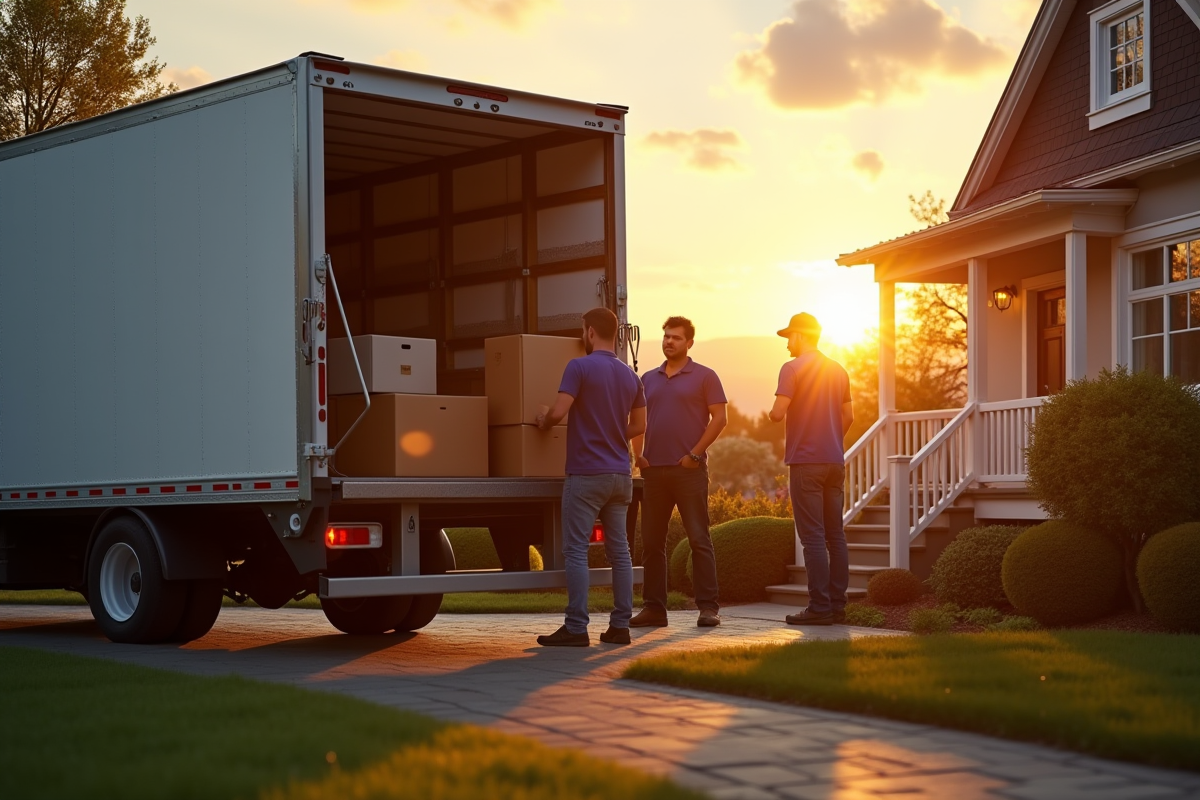 Camion de déménagement garé devant maison au lever du soleil