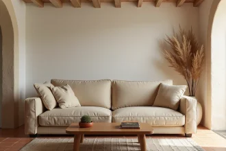 Canapé en lin beige dans un salon provençal avec carrelage en terre cuite et murs en pierre blanche à Aubagne