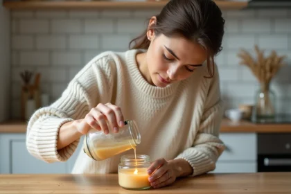 Femme versant cire fondue dans un petit pot en cuisine