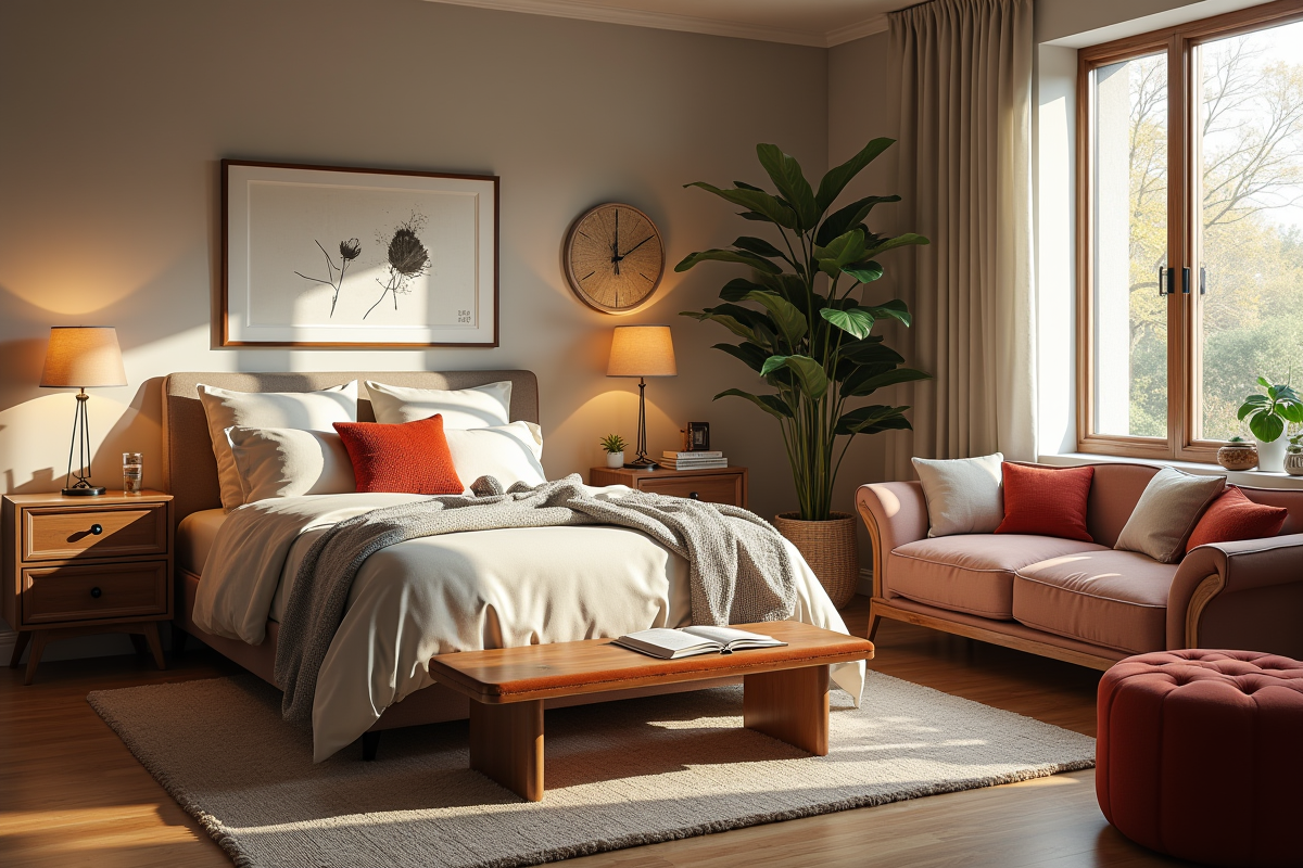 Chambre éclectique avec mobilier multifonction et coin lecture