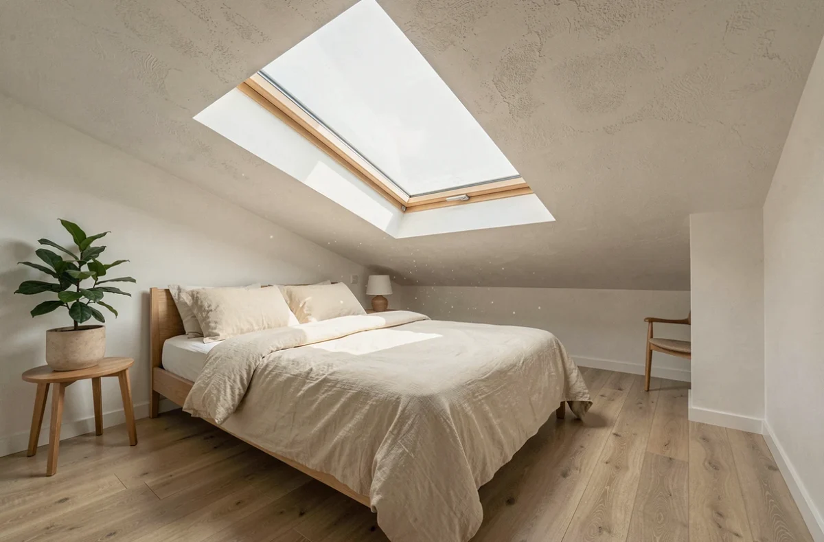 Chambre moderne avec fenêtre de toit Velux installée dans un plafond en pente, intérieur lumineux et minimaliste