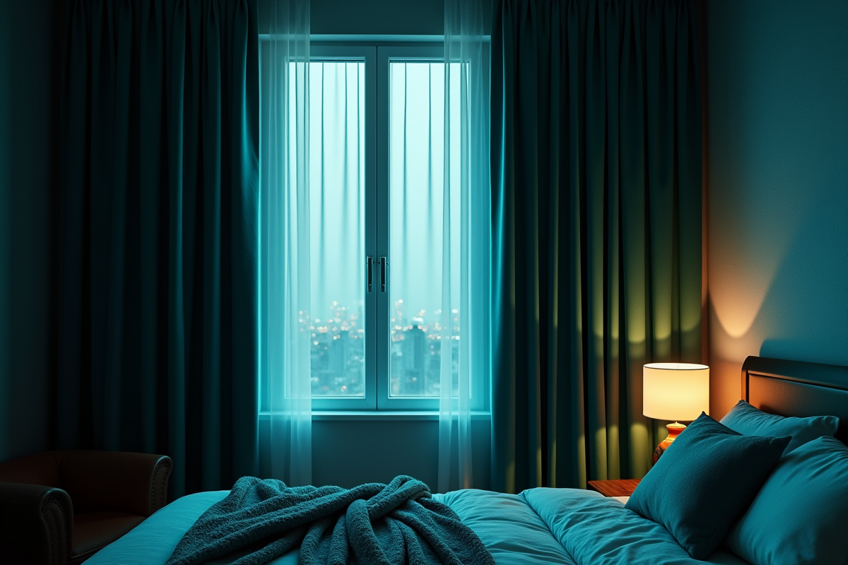 Chambre au crépuscule avec rideaux bleus et verts et lit stylé