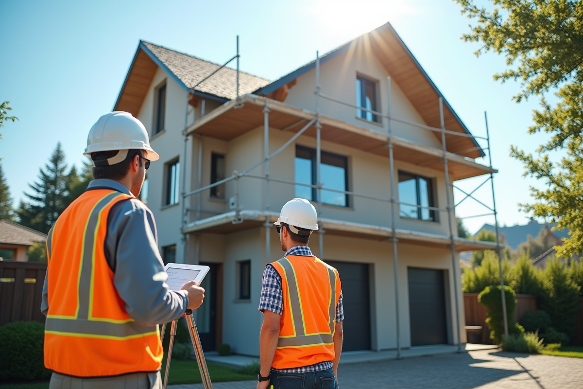 Maison en construction avec ingénieurs évaluant le bâtiment en extérieur