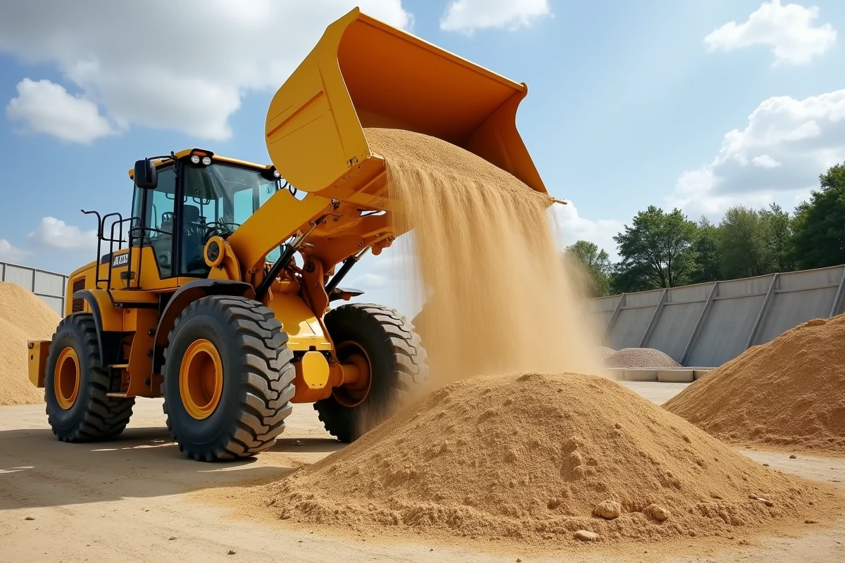 Chargeur frontal déversant du sable dans une zone de stockage organisée d'un dépôt de granulats