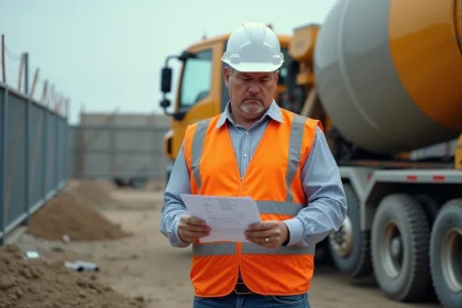 Chef de chantier examinant factures de b&eacute;ton sur site
