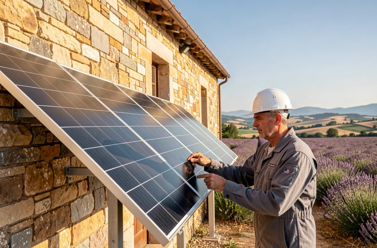 Spécialiste photovoltaïque de SARL Climasphere ajustant des panneaux solaires sur un mas provençal dans le Var