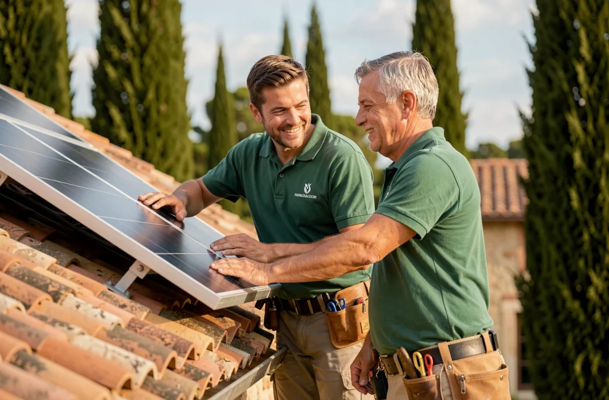 Duo père-fils de l'entreprise familiale Climatic installant des panneaux solaires sur une maison provençale dans le Var