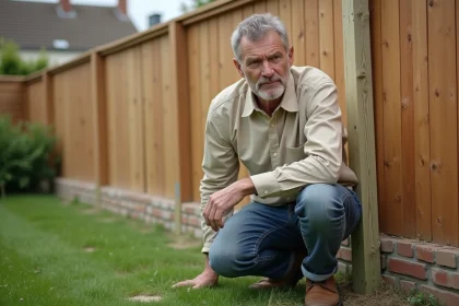 Propriétaire inspectant une clôture en bois installée sans autorisation en limite de propriété dans un jardin résidentiel