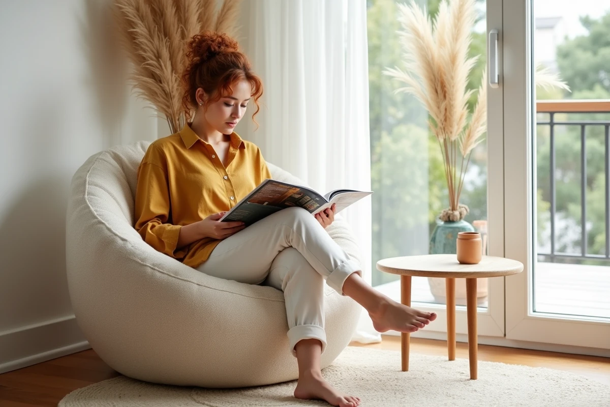 Femme aux cheveux bouclés lisant un magazine dans un fauteuil arrondi en tissu bouclé ivoire dans un salon moderne et lumineux
